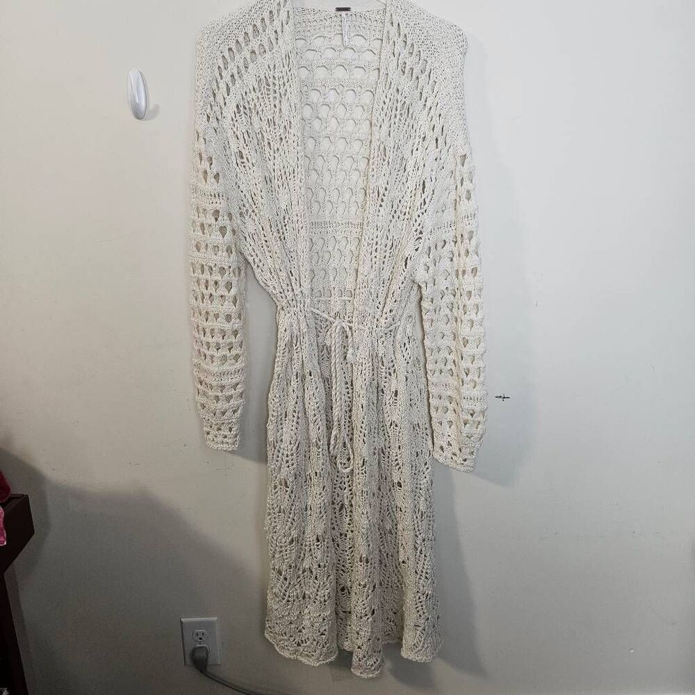 Free People Cream Open-Knit Long Cardigan